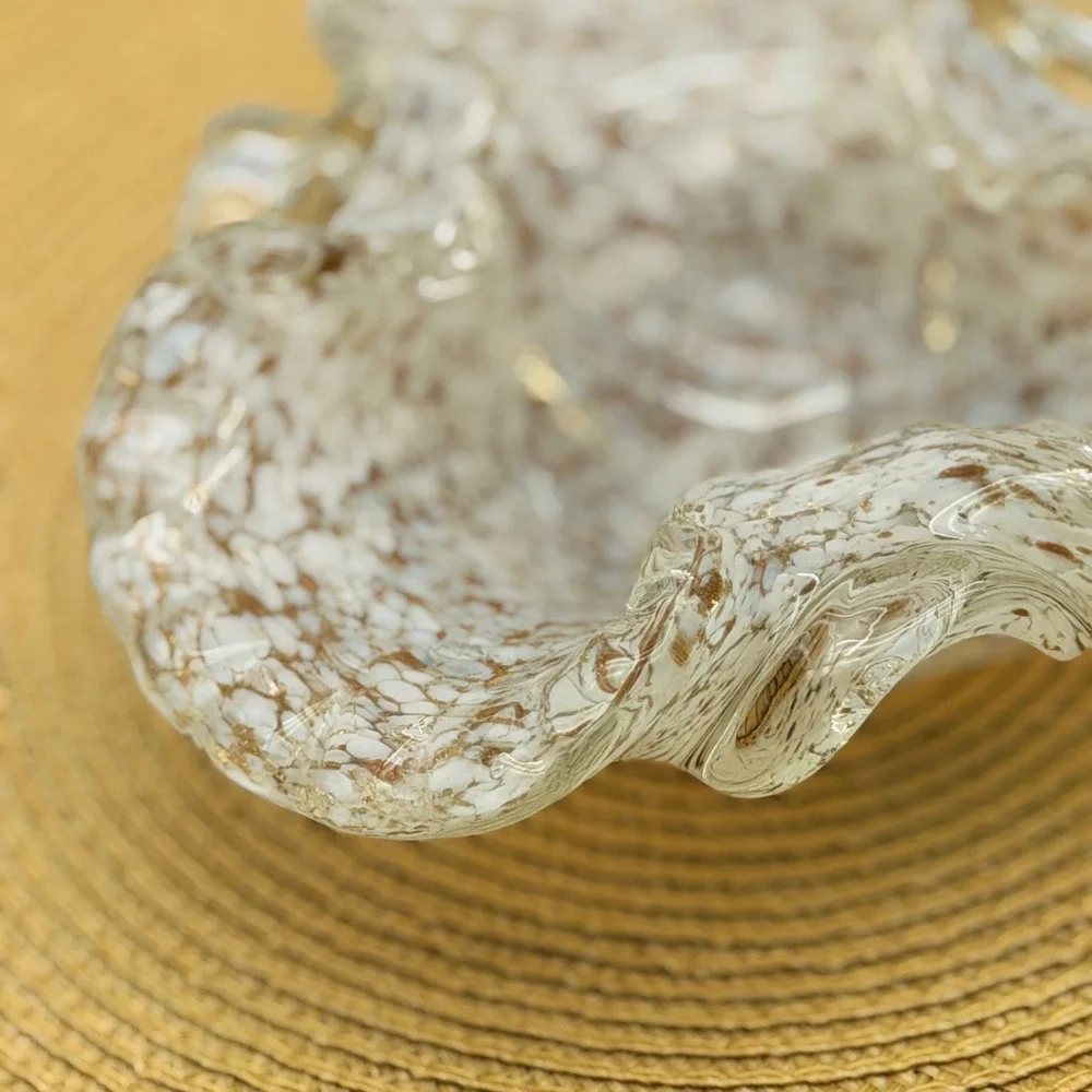 Vintage Hand Blown Art Glass Ruffled Bowl White Gold Fleck Splatter Murano Style